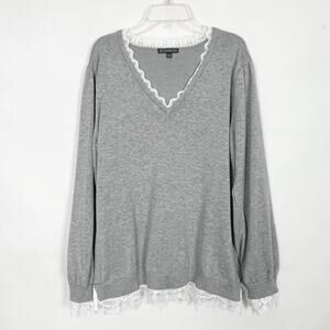 Adrianna Papell Heathered Gray Pullover Sweater Size Large Crochet Trim